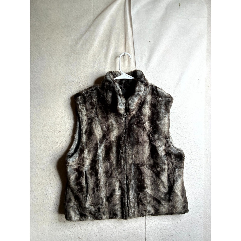 Blassport Vest Womens XL Gray Faux Fur Reversible Full Zip Mock Neck Warm Cozy